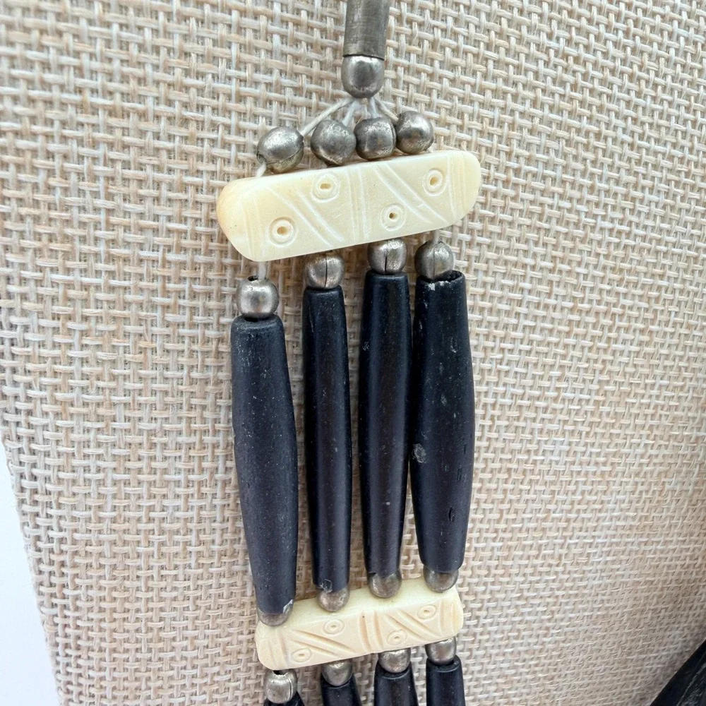 Vintage 90s Tribal Statement Necklace Wood Glass Beads Leather Cord Boho Jewelry